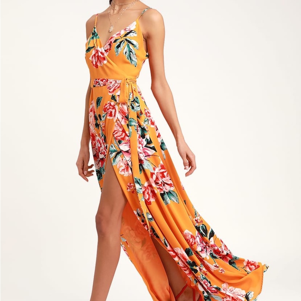 Lulu's Mustard Yellow Floral Wrap Maxi Dress